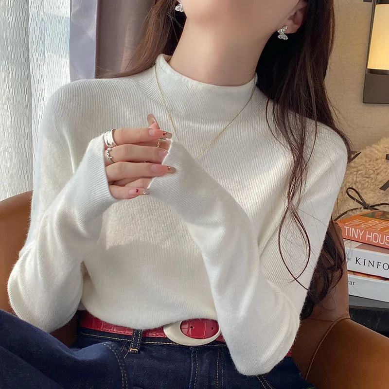 Gebreide Trui Vrouwen Vesten Nieuwe Lange Mouw Mock Hals Witte Gebreide Trui Vest Vrouwen Tops Knitwears Sueters De Mujer Q972