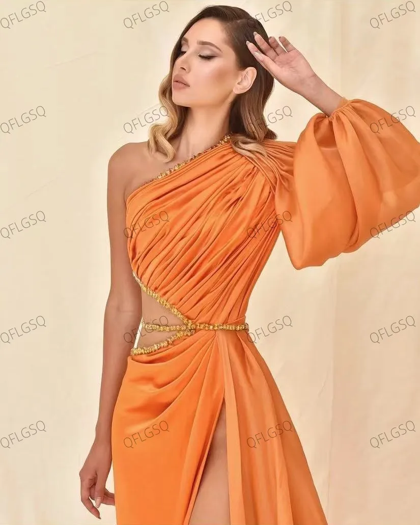 فساتين رسمية طويلة برتقالية مذهلة بأكمام ذيل مصنوعة يدويًا فستان ماكسي نسائي بدون أكتاف خرز فساتين حفلات مثيرة شيفون