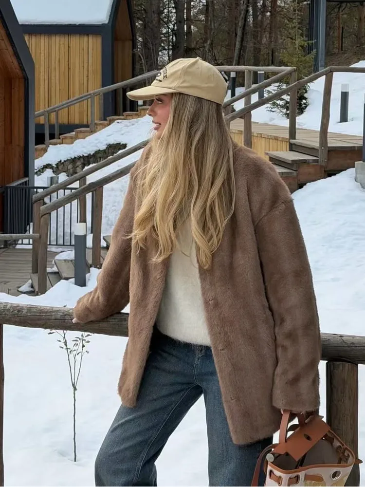 DFDG 2025 冬 レディース リラックスフィット エコファーコート Vネック タイベルト シアリングジャケット ノンパフィー 高級デザイナーアウターコート