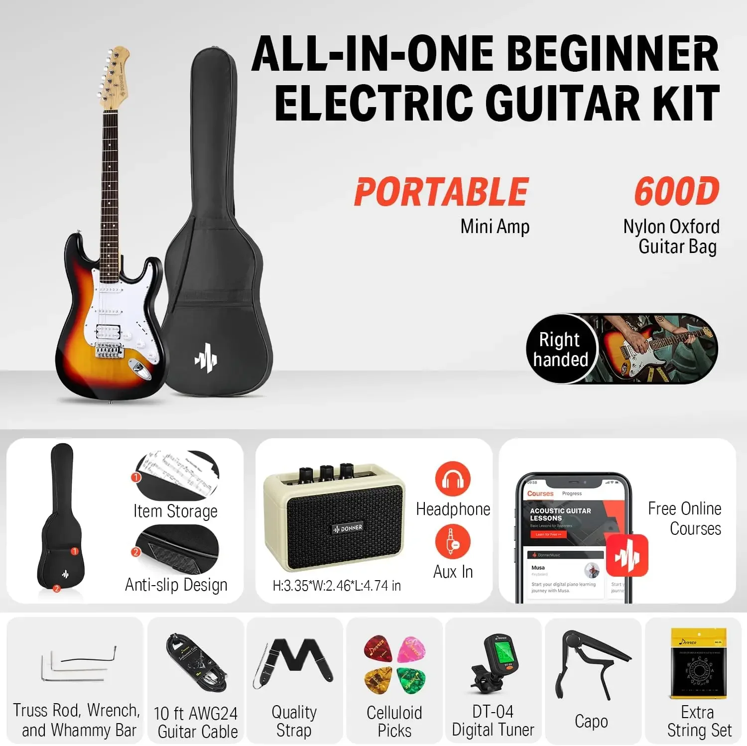 39 Inch Full Size Electric Guitar Kit Solid Body Sunburst, Beginner Starter, with Amplifier, Bag, Capo, Strap, S