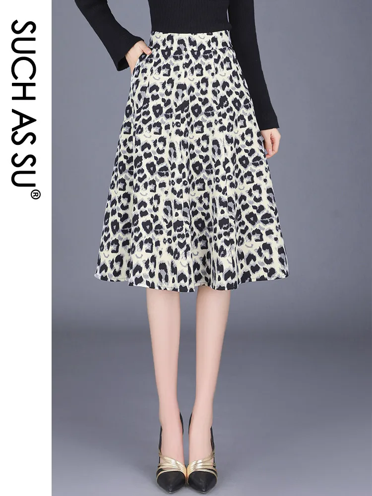 SUCH AS SU Womens Leopard Pleated Skirts Female White Coffee Elastic Waist Knee-Length Pockets Big Swing Ladies Umbrella Skirt