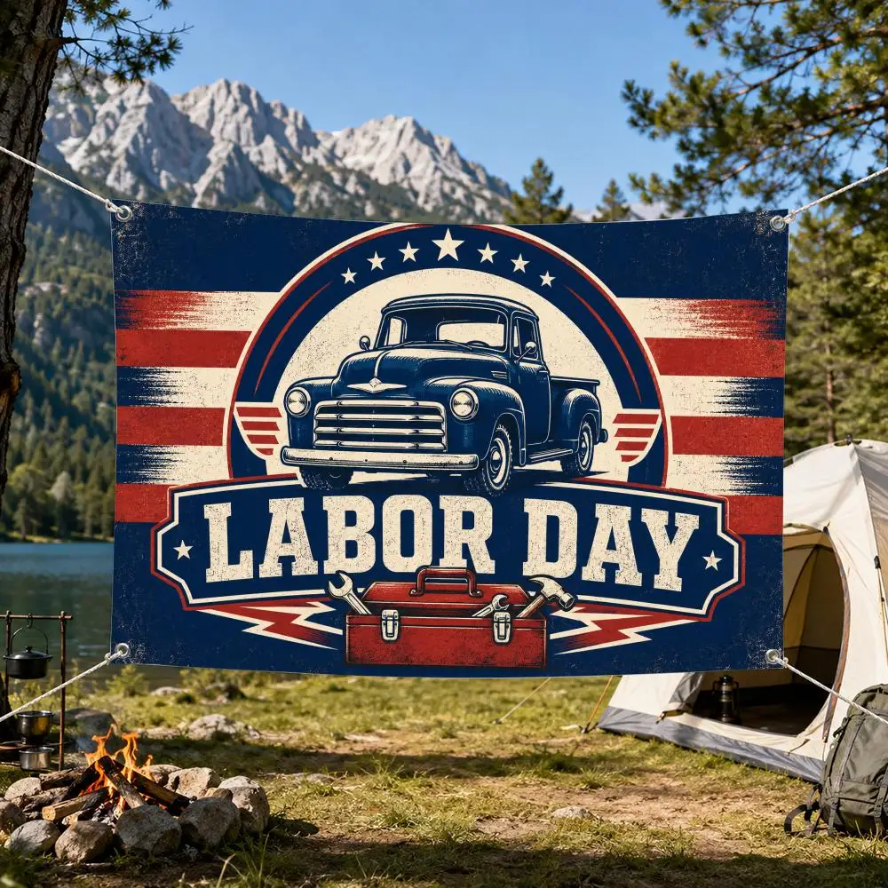 Labor Day Pickup Truck Elements Flags Aesthetic Wall Tapestry Printed Wall Hanging Living Room Party Outdoor Decor