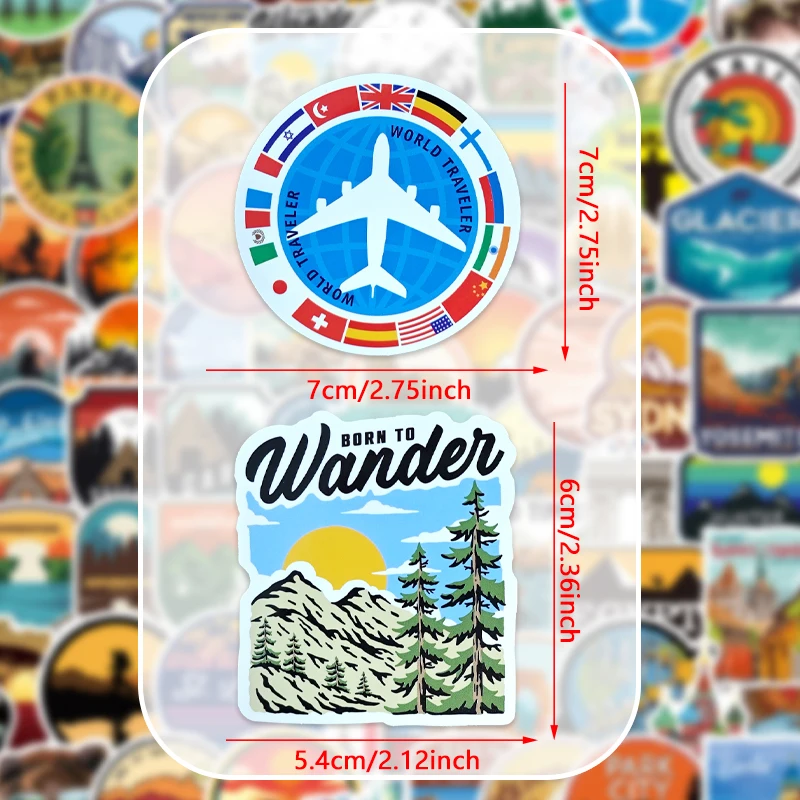100 قطعة من ملصقات السفر اللطيفة في الهواء الطلق، مجموعة ملصقات السفر العالمية المقاومة للماء من الفينيل لحقيبة السفر والدراجات والكمبيوتر المحمول