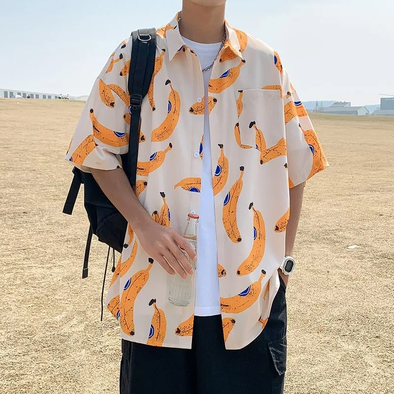 Harajuku Turndown Collar Half Sleeve Oversized Summer Blouse Men Women Cute Fruit Banana Full Printed Creative Button Up Shirts