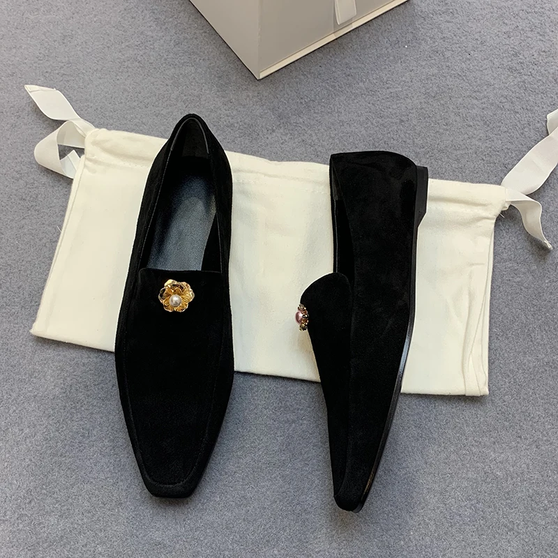 Sheep Suede Crystal Diamond Mandarin Duck Flower Loafers Square Toe Solid Color Simple Casual Comfortable Flat Shoes