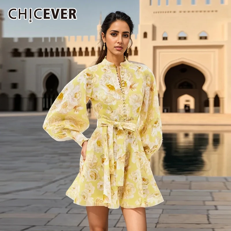 

CHICEVER Print Spliced Lace Up Elegant Mini Dresses For Women Stand Collar Lantern Sleeve Patchwork Knot High Waist Dress Female