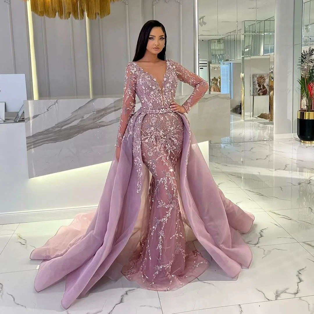 Pink Exquisite Evening Dresses Long Sleeves V Neck Sequins 3D Lace Flowers Appliques Detachable Train Plus Size Prom Dresses