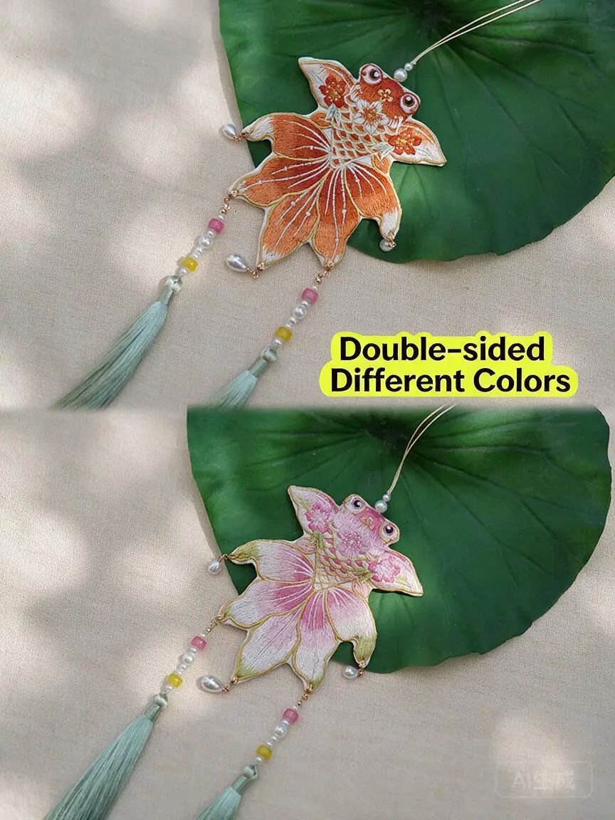 Chinese Traditional Hanfu Accessory Double Sided Two Tone Embroidered Koi Sachet Pendant Long Beaded Tassel Waist Hanging Charm