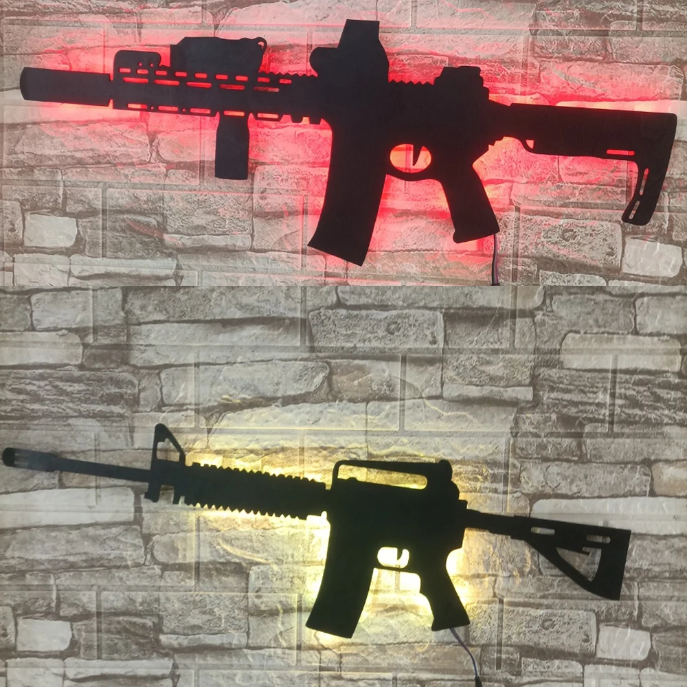 3D creative LED wooden board gun shaped luminous wall lamp interior background decoration USB colorful night light 40 cm long