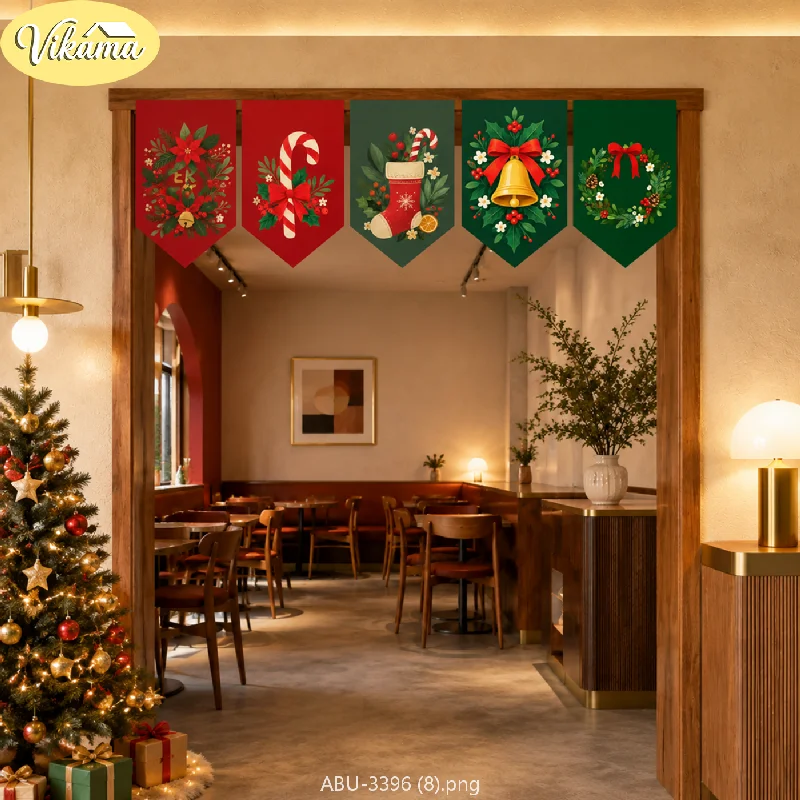 VIKAMA Classic Christmas Triangle Banners, Retro Holly Wreath Christmas Triangle Banner Curtain, Winter Holiday Home Decor