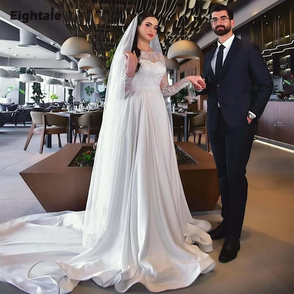 

Eightale Arabic Wedding Dresses Appliques Lace Customized Satin Long Sleeves Ivory A-Line Bridal Gowns Vestidos De Novia