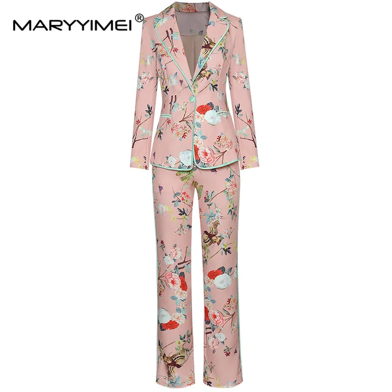 

MARYYIMEI Fashion Runway Spring Pants suit Women Single button Long sleeve Flower print Jacket and pants Two Pieces Set