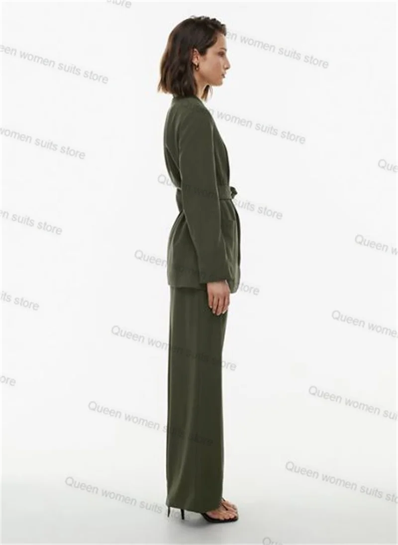 Traje verde elegante de 2 piezas para mujer, conjunto de Blazer y pantalón con cinturón, chaqueta Formal de oficina, talla a medida, Sexy, cuello en V, graduación