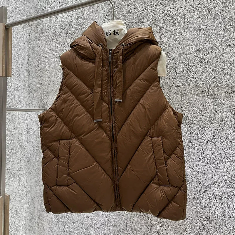 Schinteon Women White Duck Down Vest with Hood Casual Sleeveless Jacket Solid Color Autumn Winter Top Gielt 2026 New Fashion