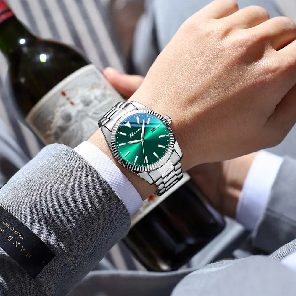 CHENXI 남성용 쿼츠 시계 날짜 표시 스테인리스 스트랩 방수 비즈니스 캐주얼 시계 남성용 시계 선물