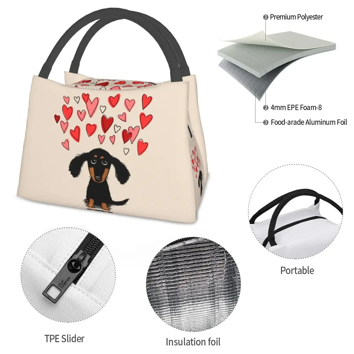 Cute Dachshund Dog Lunch Bag Valentine Hearts Fun Lunch Box Picnic Portable Thermal Tote Handbags Print Cooler Bag