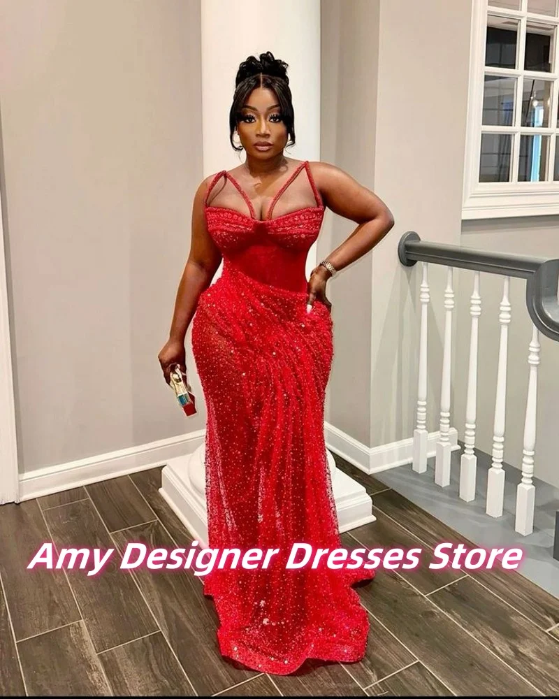 Czerwona Sukienka Wieczorowa z Koralikowymi Ramiączkami, Nowy Projekt 2025, Iluzoryczna Długa Suknia Syrena na Bal Maturalny, Suknie Ślubne i na Przyjęcia dla Kobiet, Szyte na Miarę
