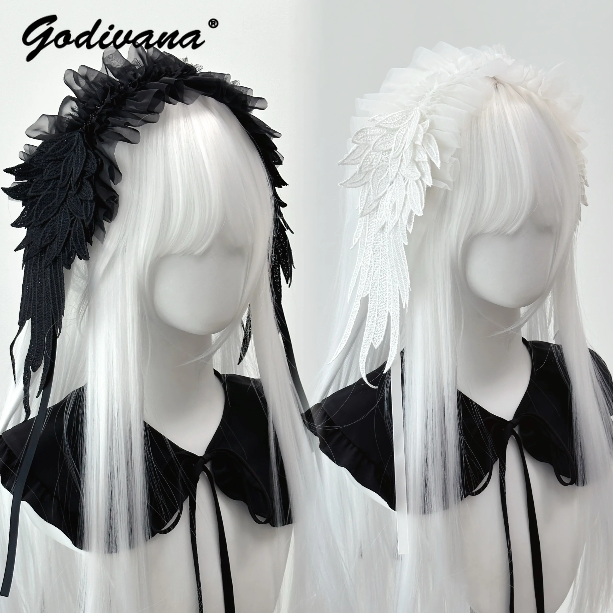 White Gothic Angel Hair Accessories Subculture Dark Punk Style Headband Japanese Wings Halloween Lolita Headgear Black Hairband