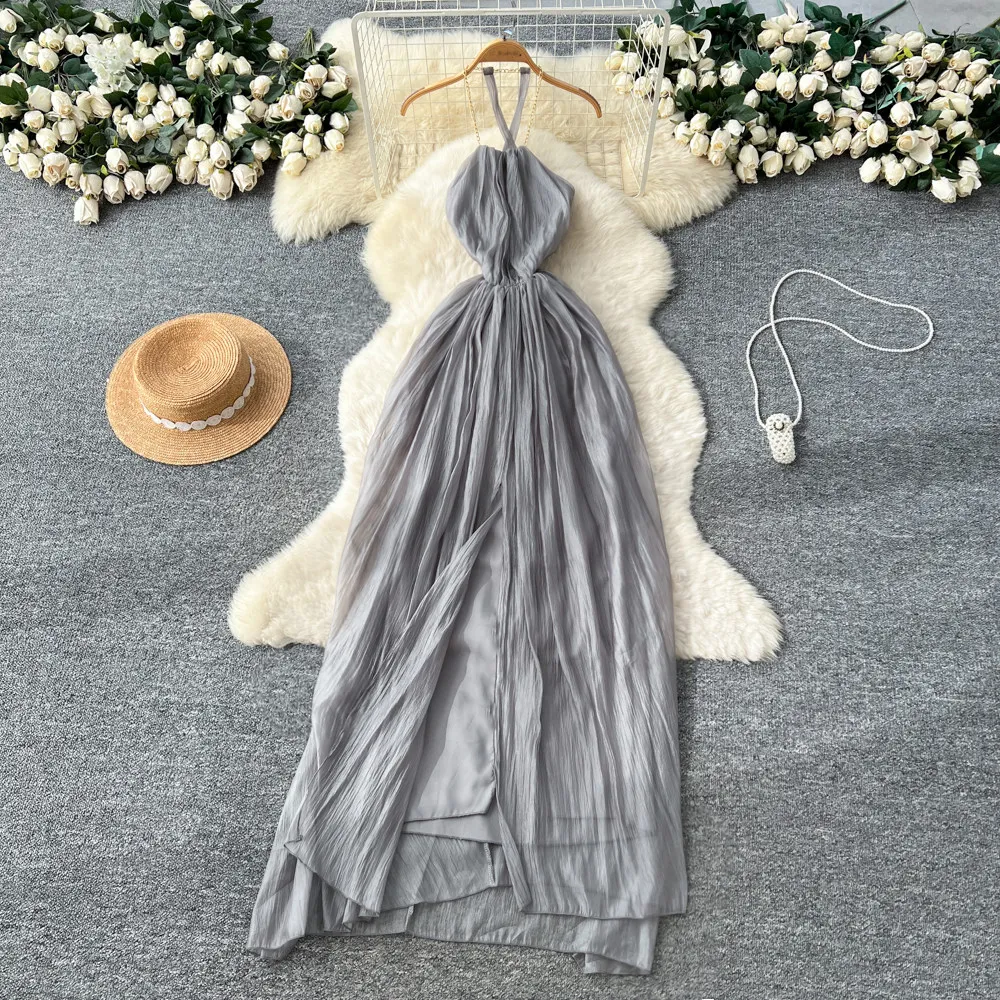 

Шикарное винтажное платье без рукавов с цепочкой, элегантная корейская мода, летняя женская одежда в стиле фейрикор, длинное платье.