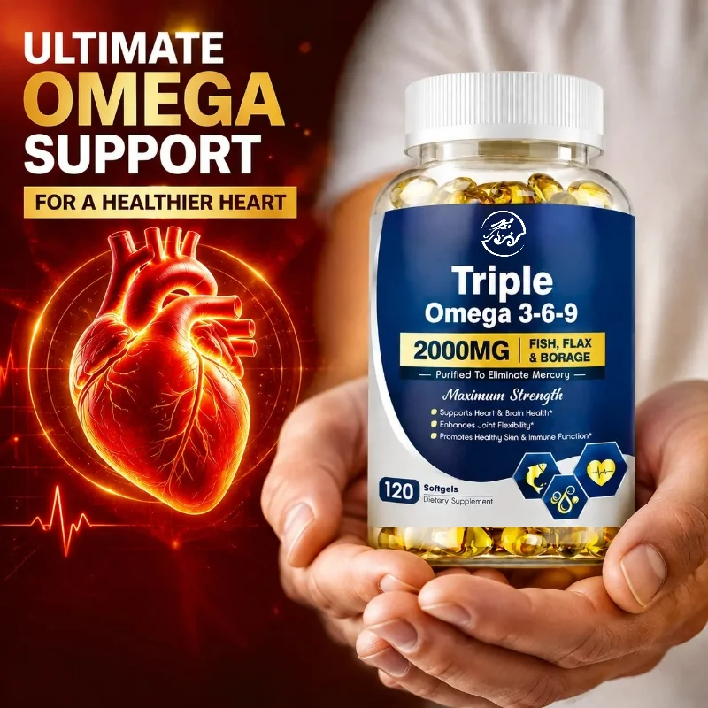 Triple Omega 3‑6‑9 Supplement, Fish Flax & Borage Oil, Support Skin, Cardiovascular, Heart & Brain Health Joint Mobility Immune