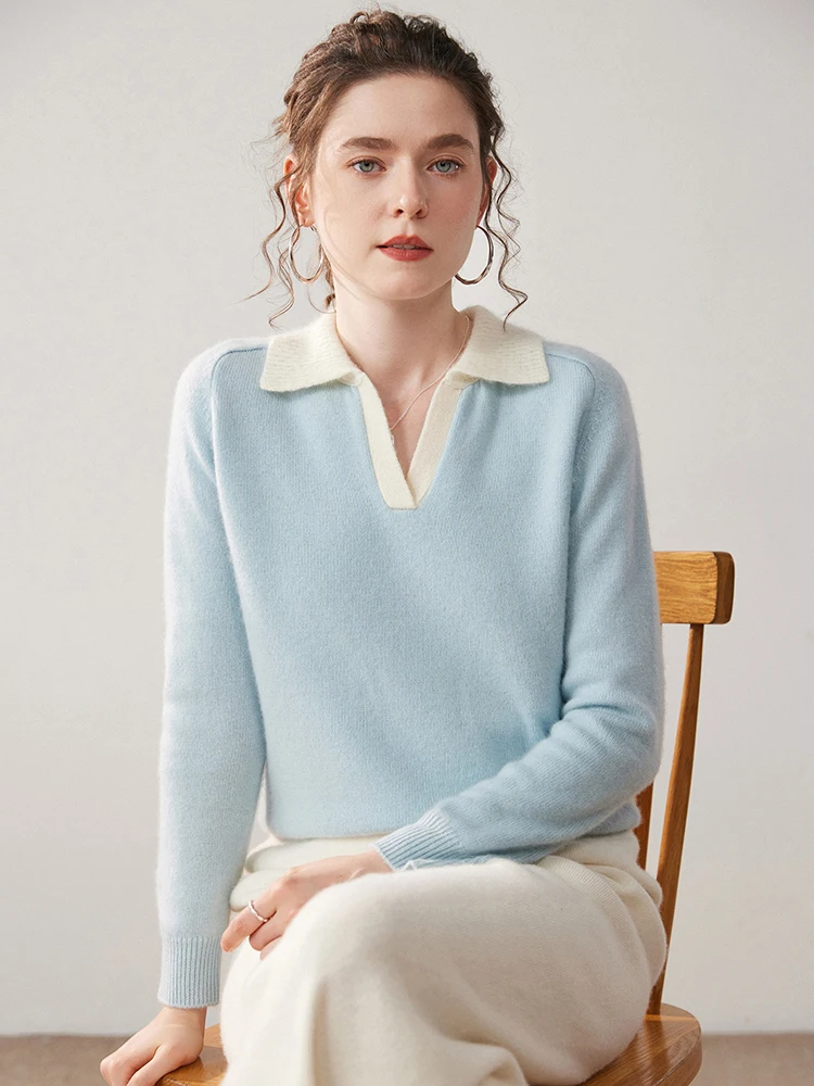 

Casual 100% Cashmere Comfort Knitted Color-Matched Polo Collar Autumn Winter Warm Soft Women's Pullover Sweater Clothing Tops