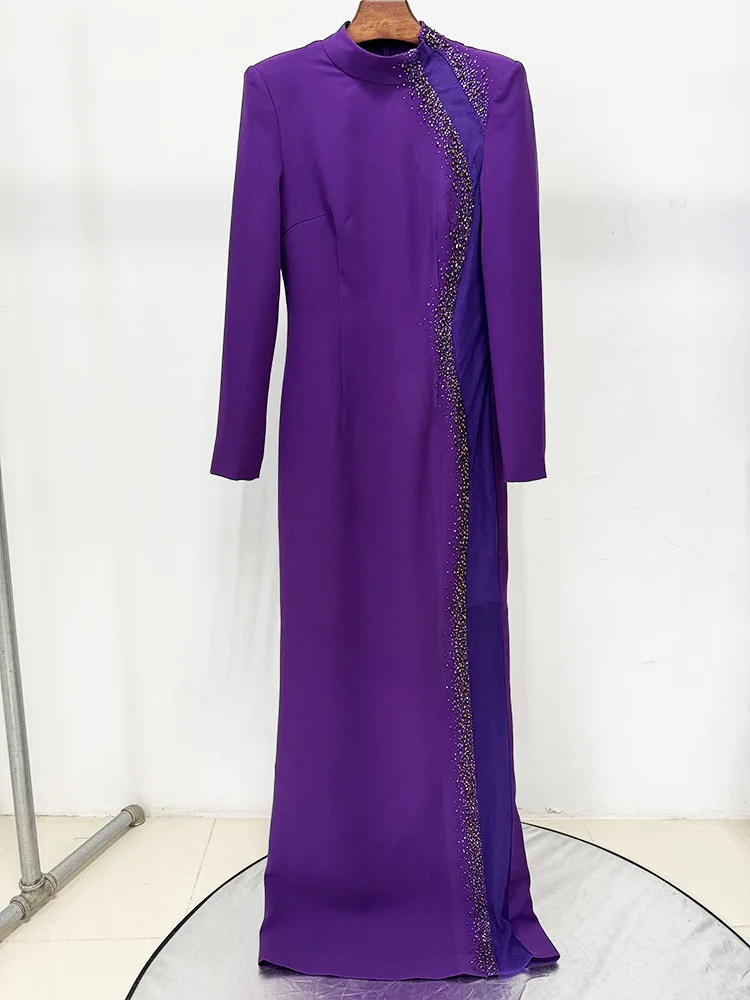 HIGH QUALITY Evening Dresses Newest 2026 Designer Fashion Women's Elegant Spliced Mesh Beaded Long Sleeve Maxi Long Dress