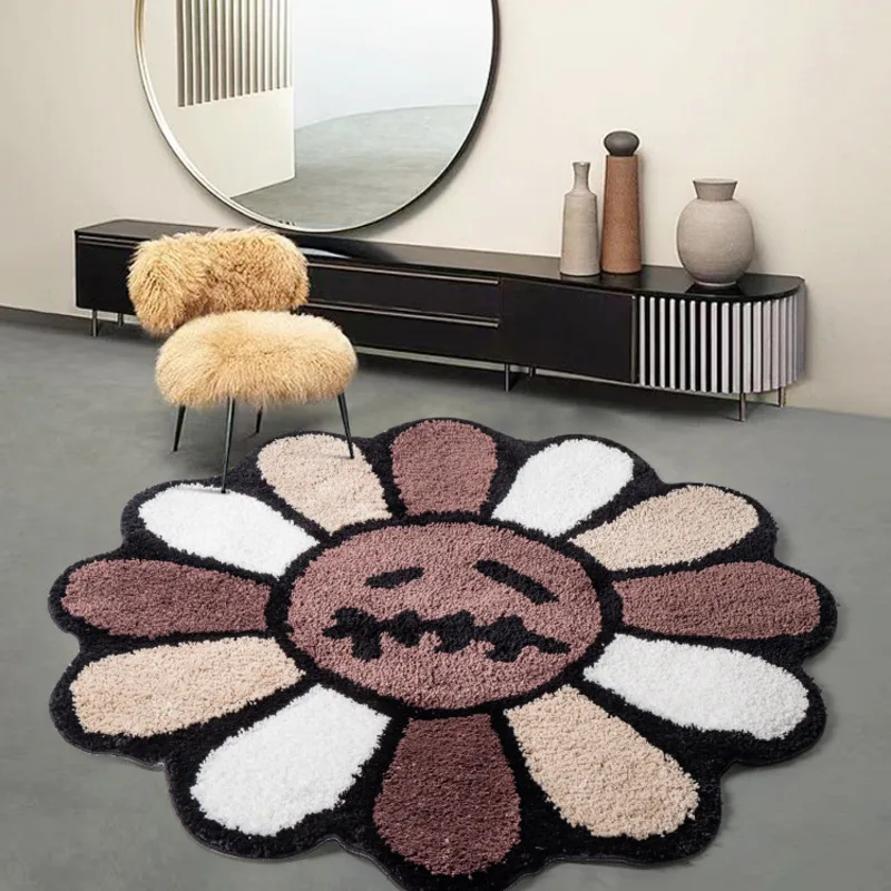 

Smiling Face Sunflower Tufted Rug Flower Art Rug For Bedroom Living Room Retro Fluffy Bathroom Smile Rug Nonslip Mat Home Decor