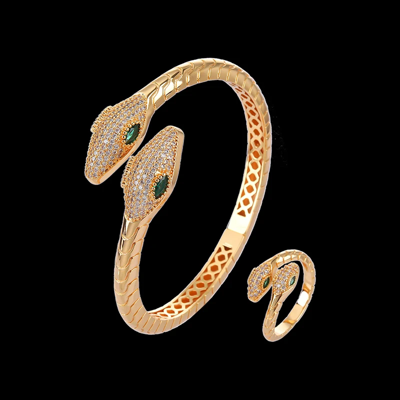 Lanruisha Simple Copper Double Snake Head Bangles and Ring Women's Jewelry Set with Zirconium Microinlay Classic Fashion Jewelry