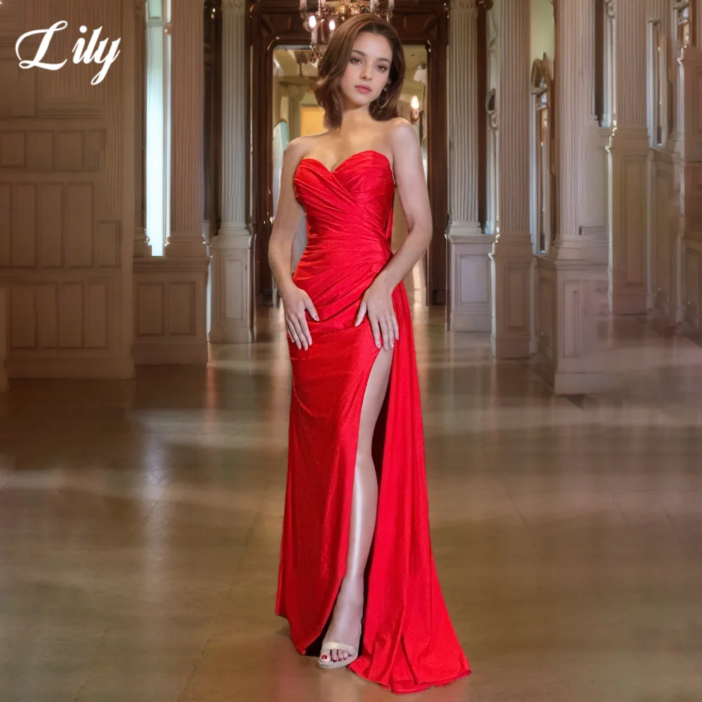 

Lily Red Elegant Prom Gown Sweetheart Backless Party Dresses Satin Side High Split Formal Gown for Woman robe de bal Customized