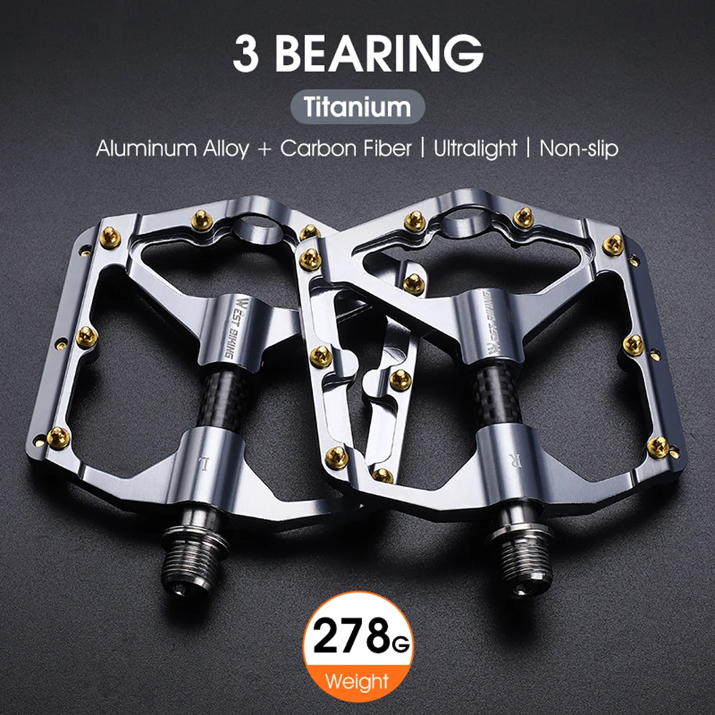 WEST BIKING Carbon Fiber Pedal 3 Bearing Aluminum Alloy Widen Mountain Bicycle Pedal Anti-skid Cycling Flat Platform