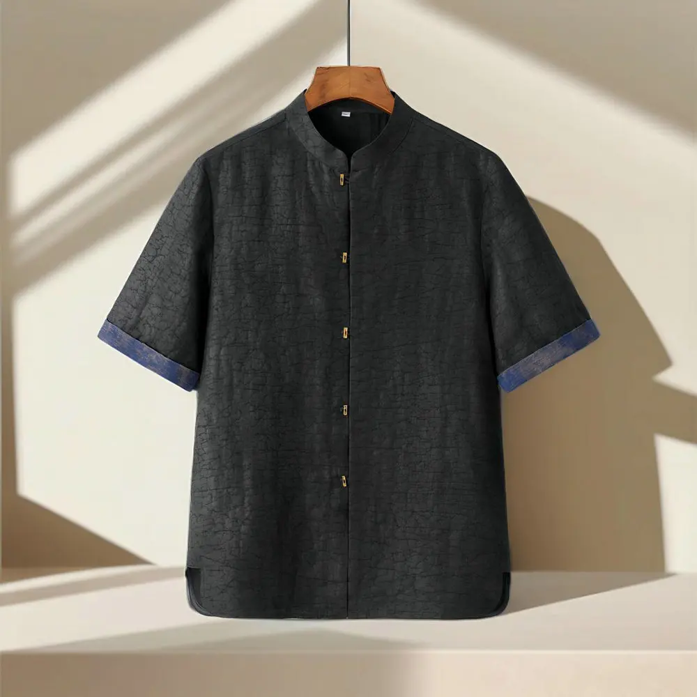 

Old Money Style Men Black Silk Gauze Shirt Heritage Tunic Top with Custom Horn Buttons Side Slit for Sophisticated Gentlemen