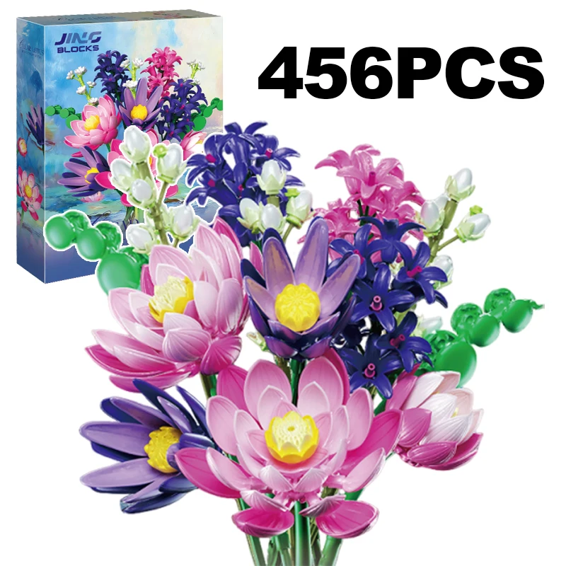 Creative 456PCS Water Lily Bouquet Building Blocks Lotus Immortal Flower Home Desk Plant Decoration Assemble Bricks Toys Gifts