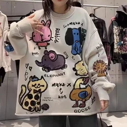 Women Trend Funny Cute Cartoon Print Oversized Streetwear Sweatshirt Y2K Female Casual O Neck Long Sleeve Cotton Pullover Hoodie