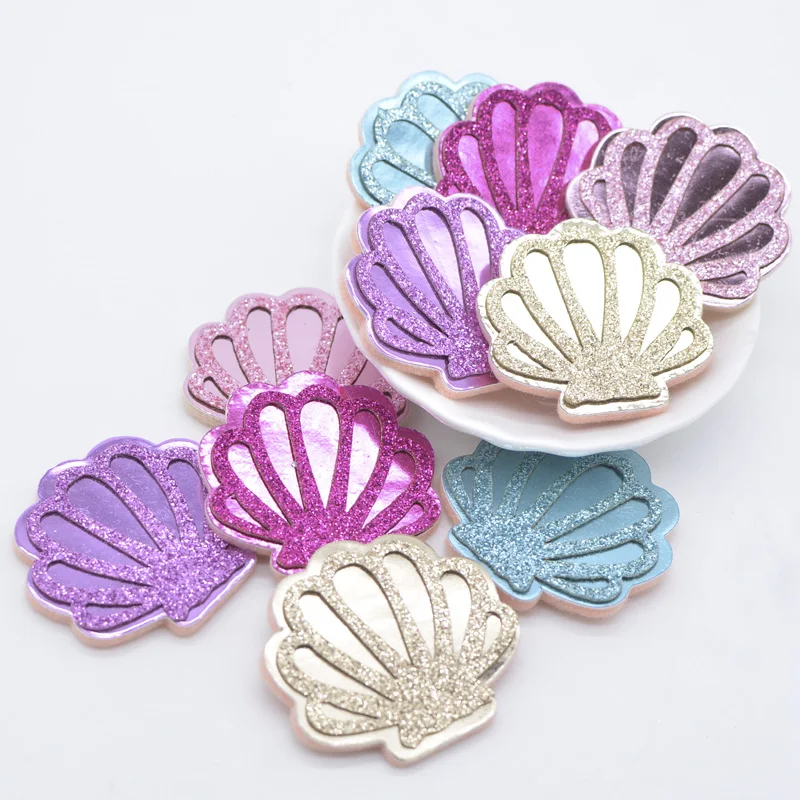 10Pcs 40*40mm Glitter PU Shell Padded Appliques for DIY Craft Cake Topper & Baby Headwear Clip Bow Accessories Decor Patches