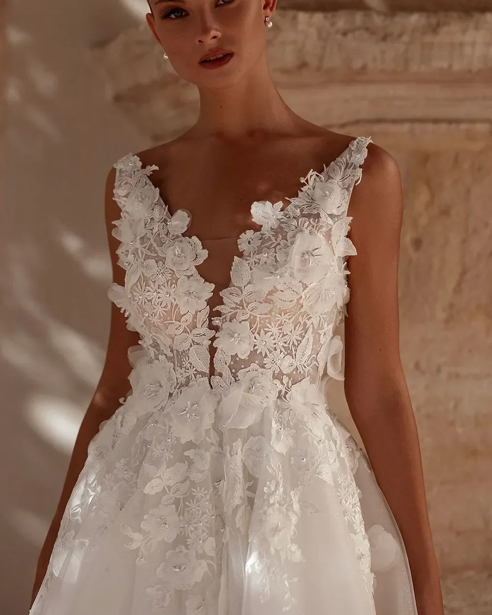 Vestido de novia de lujo personalizado con apliques de encaje 3D, vestido de novia bohemio con hombros descubiertos, moda de alta calidad 2024