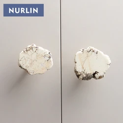 NURLIN Natural White Turquoise Marble Brass Cabinet Drawer Door Handle knob Wall Clothes cap Hook