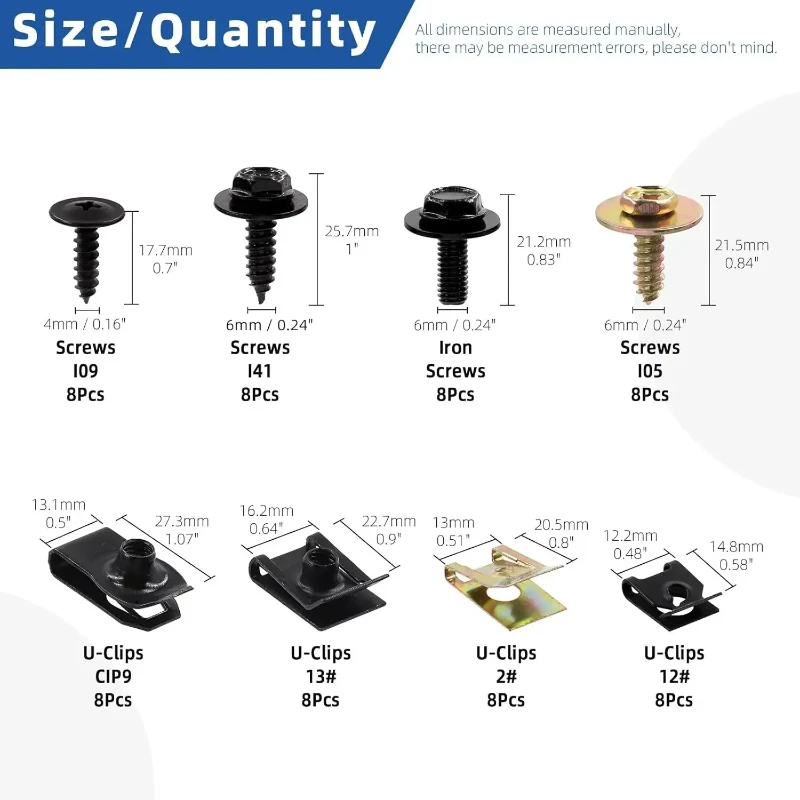 64pcs U Clips and Body Bolts Screws Kit Auto Car Clips U Nuts Fasteners with Self Tapping Screw for Bumper Fender Trim Panels