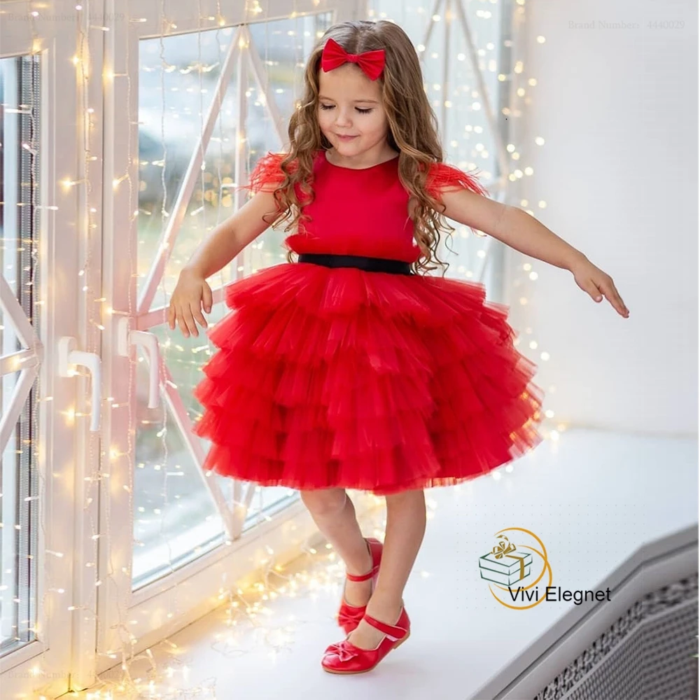 Red Flower Girl Dresses with Black Belt Sleeveless Wedding Party Gowns with Feather Soft Tulle 2023 Summer فساتين اطفال للعيد