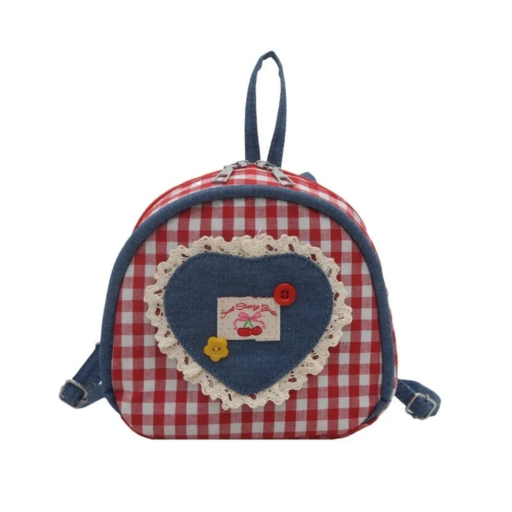 Sweet Cloth Lattice Backpack Mini Bow Denim Shoulders Bag Heart Plaid Knapsack Outdoor