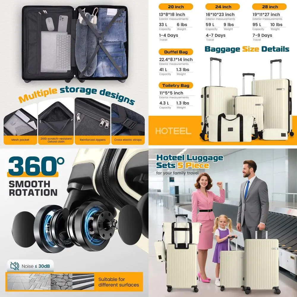 

Комплект багажа из 5 предметов ABS + ПК с колесиками, боковым крючком, чемоданами 20/24/28 дюймов и спортивной сумкой, бежевый, гарантия 4 года