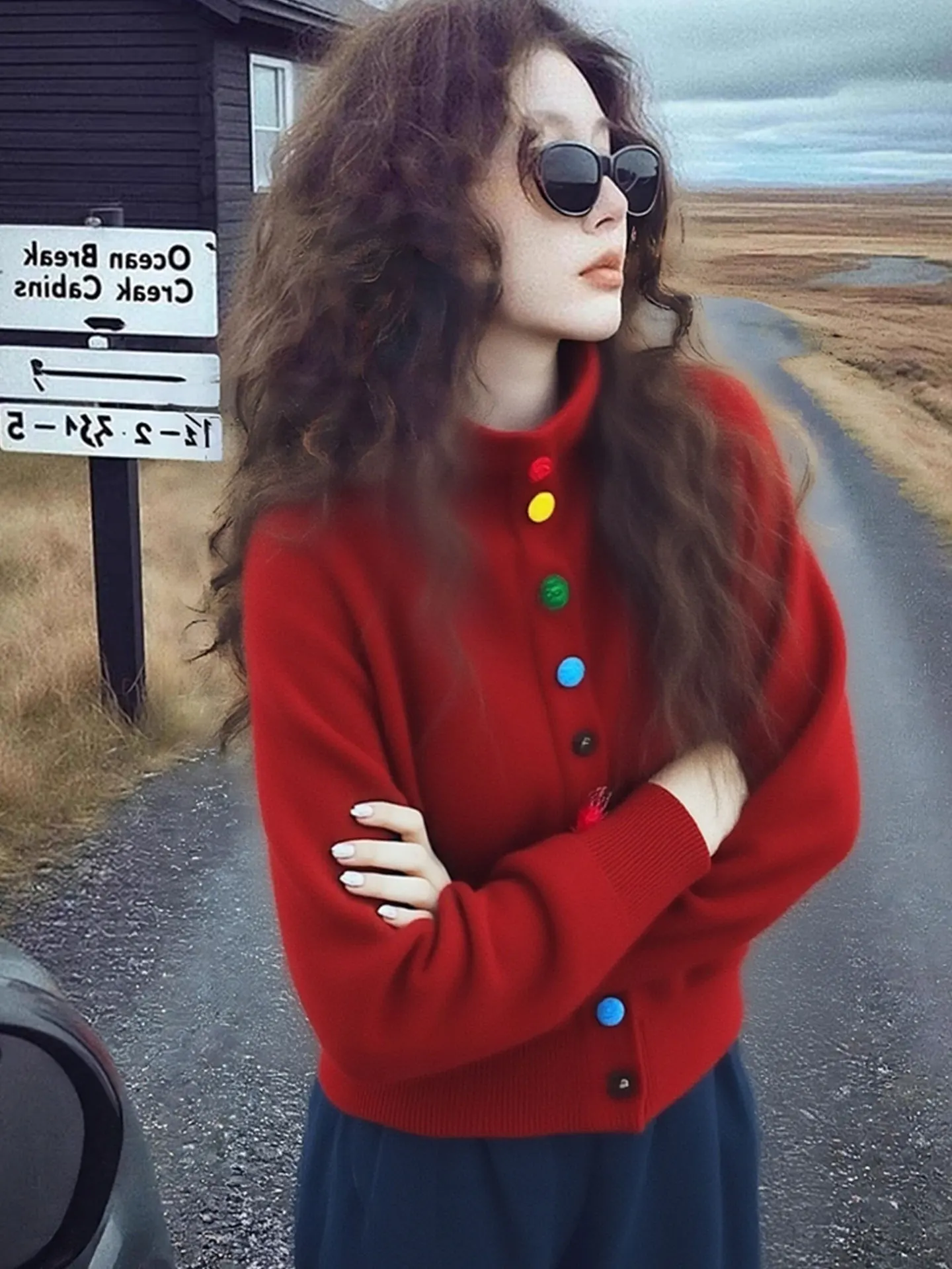 Cardigan long en tricot ouvert à col montant et à bouton unique Cisas Red Korean Sle, couleur rouge cerise, pour l'hiver