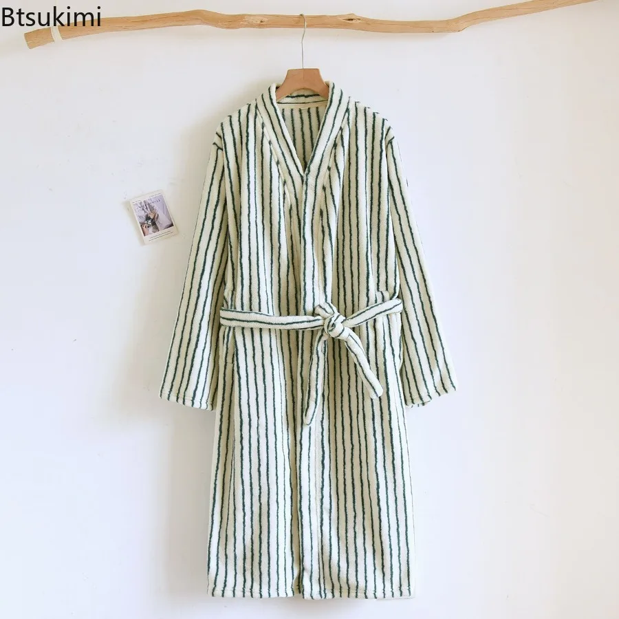 Women's Thickened Long Coral Fleece Sleepwear Autumn Winter Warm Simple Striped Loose Flannel Robe Bathrobe Comfortable Robes 6