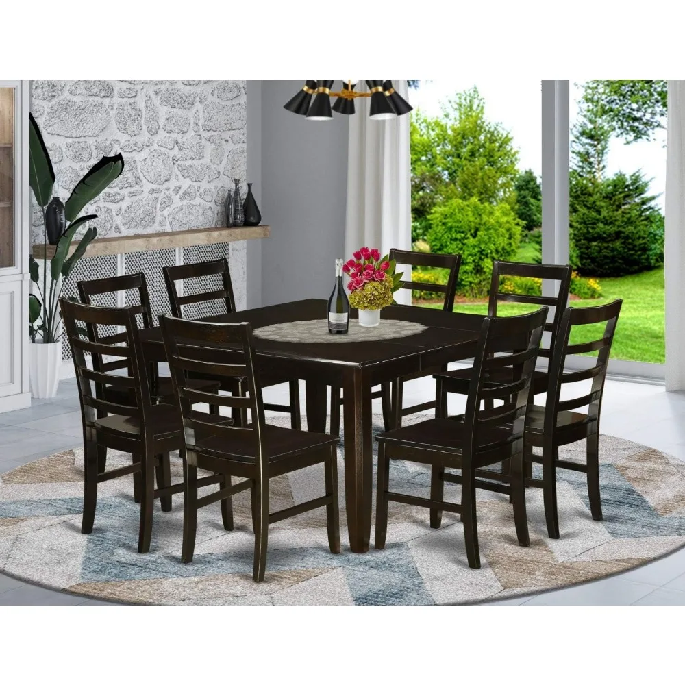 

9 Piece Modern Set Includes A Square Wooden Table with Butterfly Leaf and 8 Kitchen Dining Chairs, 54x54 Inch Kitchen Set