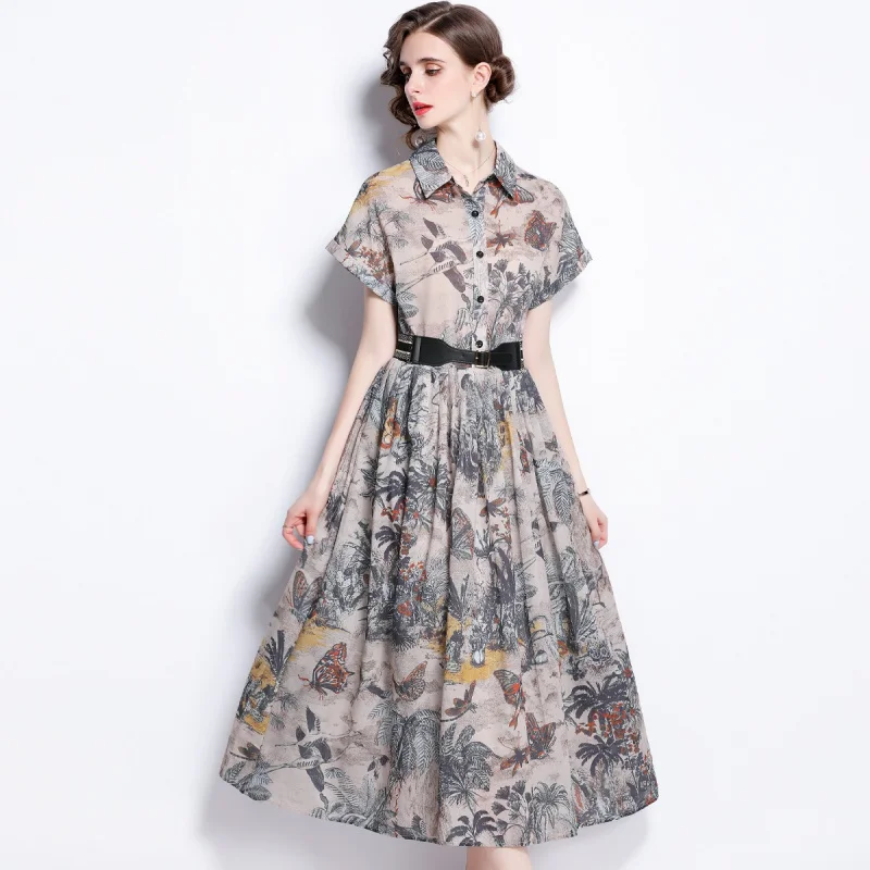 

2025 Summer New Polo Collar Short Sleeve Printed Slim Fit Slimming Women's Dress（with Belt） C001