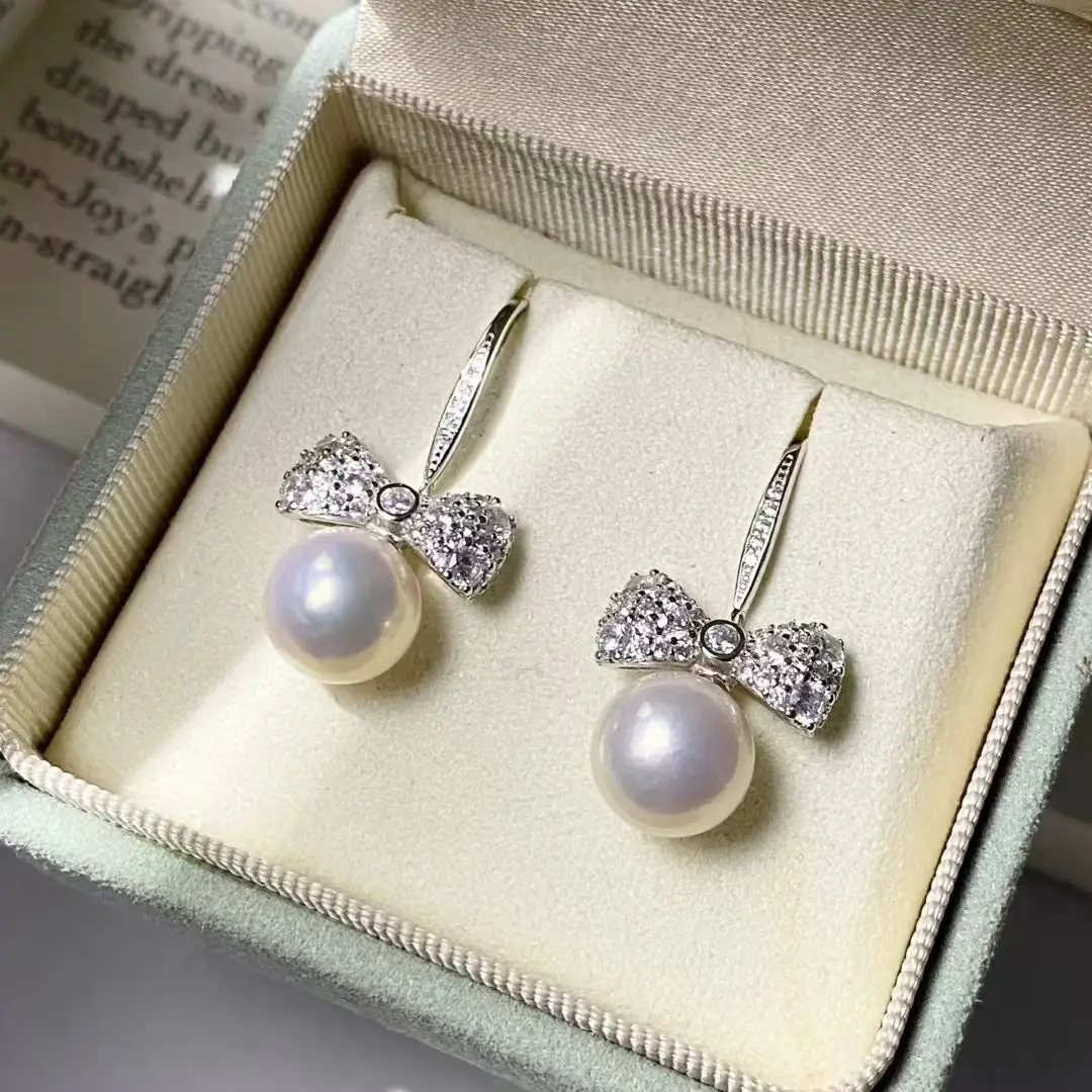 Bow Knot S925 Sterling Silver Earrings Mount Findings Settings Base Mounting Parts Accessory for 10-11mm Pearls 5 pairs/lot