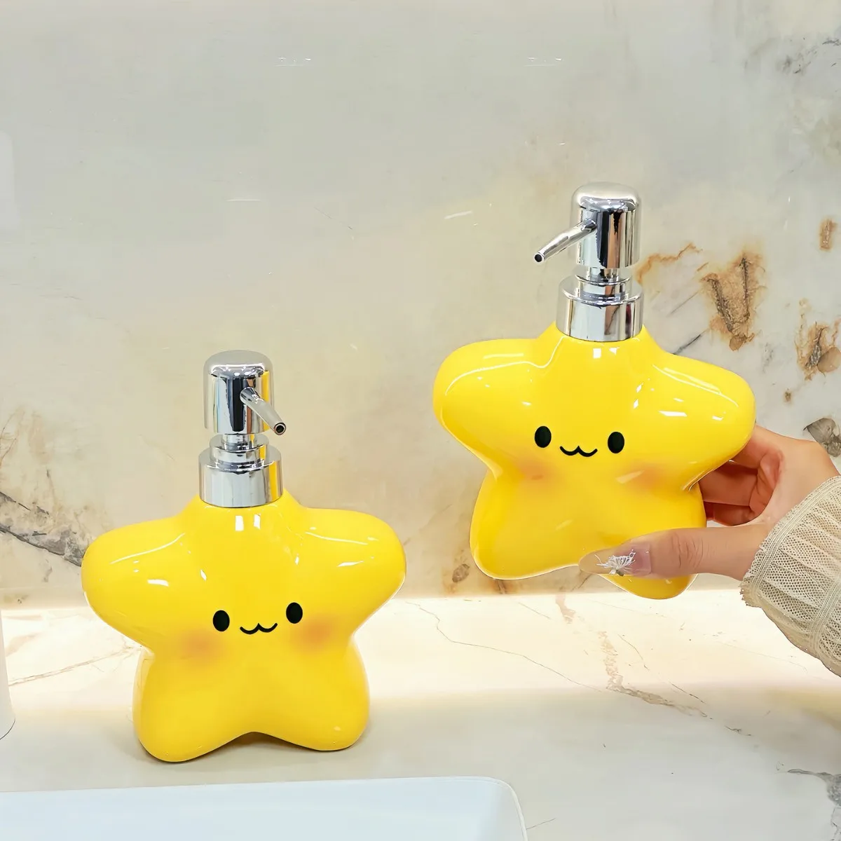 

Cute Star Ceramic Pump Dispenser Bottles - Creative Refillable Empty Bottles for Shampoo/Body Wash/Lotion, Home Bathroom Use