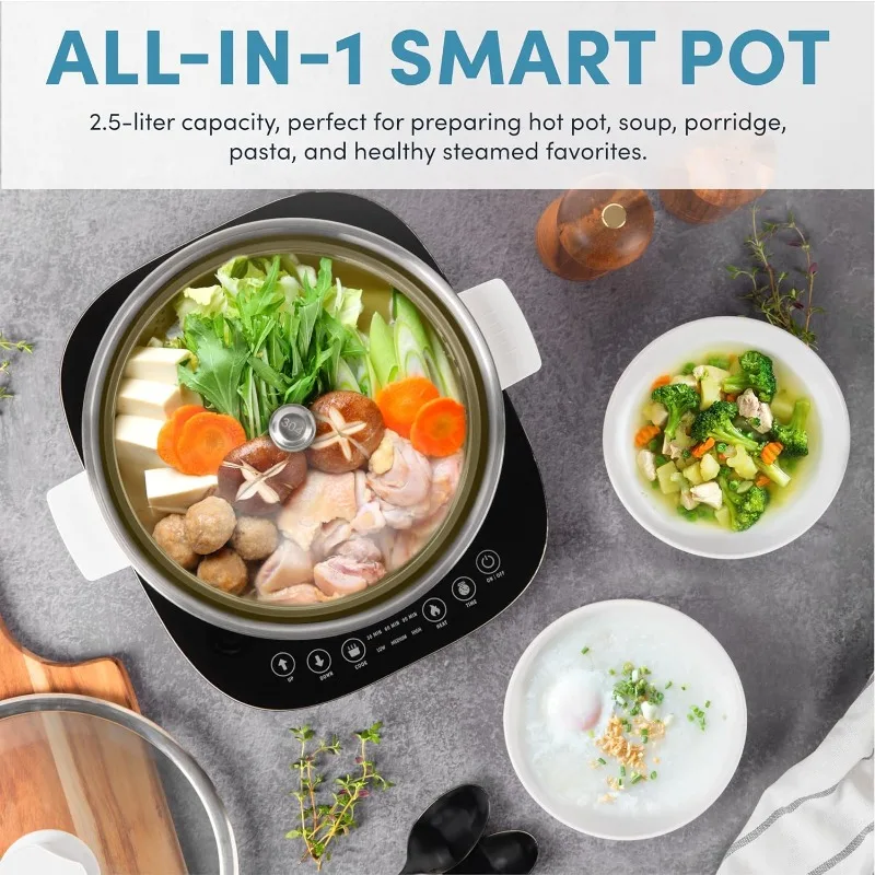 2.5-Liter Smart Electric Hot Pot & Rapid Boil Steamer with Automatic Stainless Steel Steamer Basket Lift, White, ASP-700