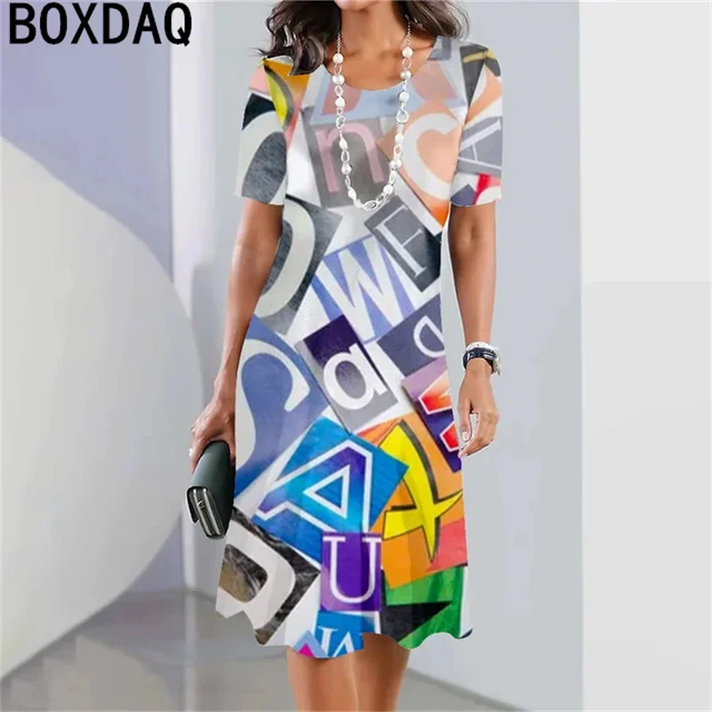 Fashionable Color Block Geometric Print Women's Summer Round Neck Dress Summer Seaside Beach Travel Fashion Short-sleeved Dress