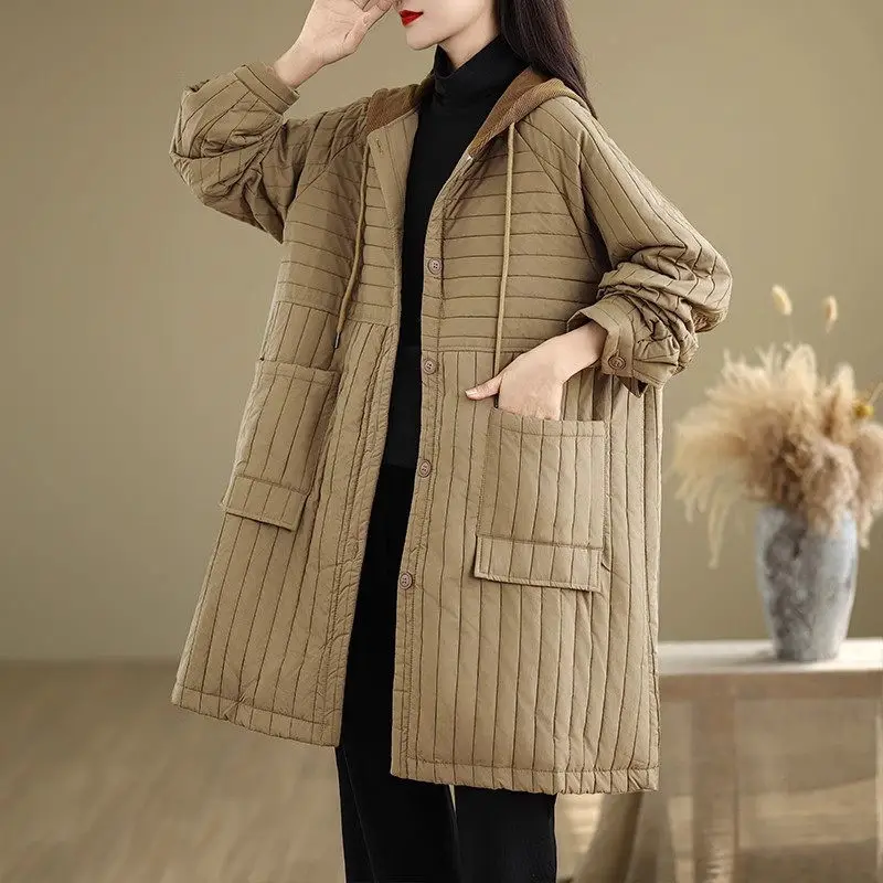 Fashion Striped Cotton Padded Thick Jacket For Women Winter 2024 New Loose And Casual Warm Medium Long Quilted Clothing a146