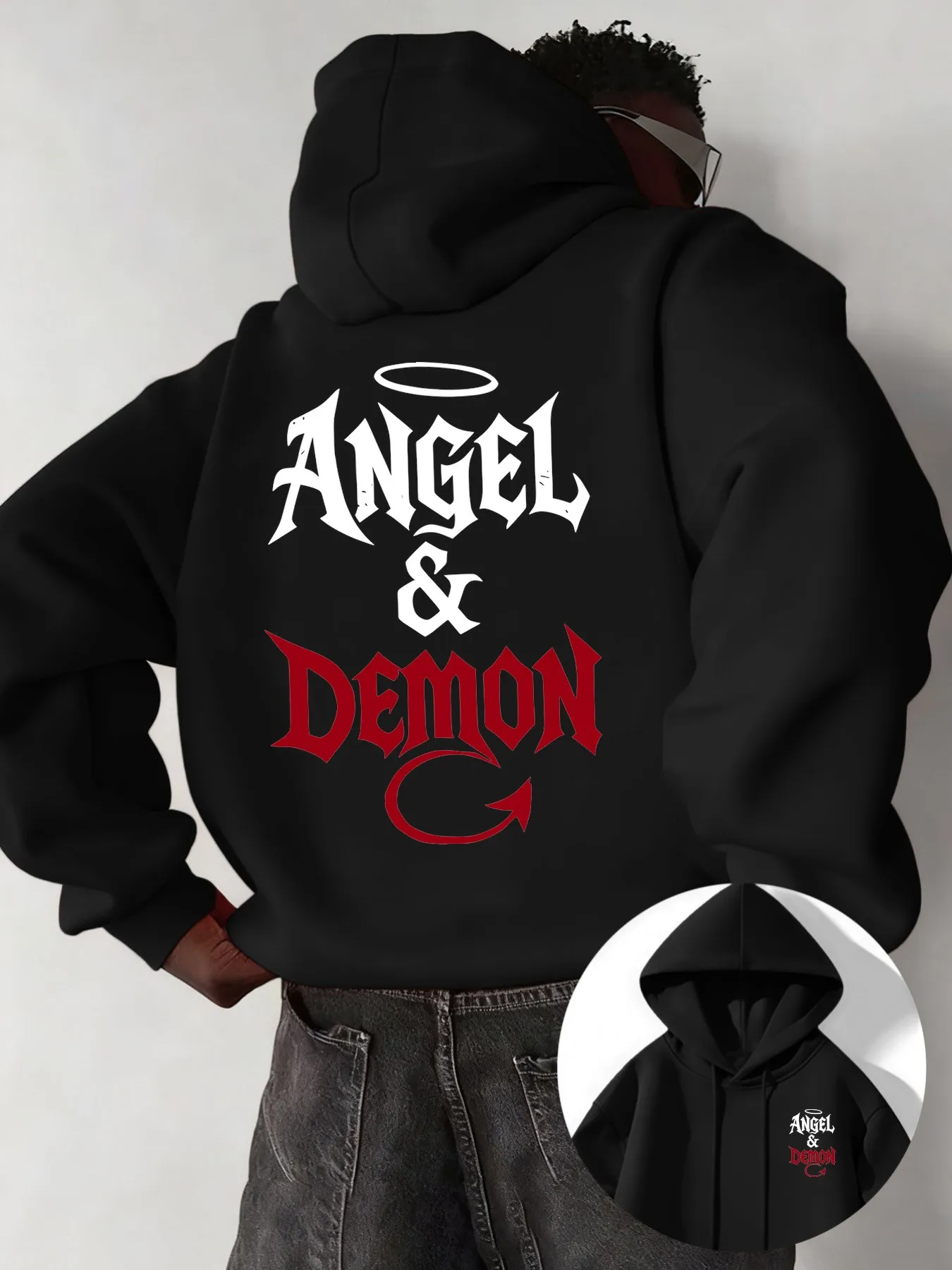 Men's casual Loose-fit Hoodie Angel Demon Pattern Print Sweatshirt Relaxed Long Sleeve Jumper Urban Y2K Daily Hooded Sweat Top